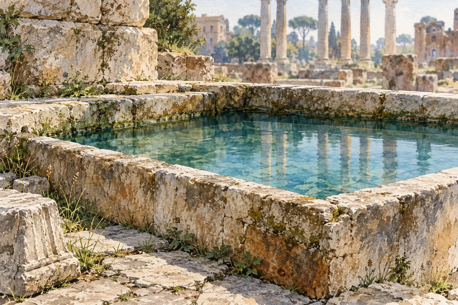 Interpretive editorial watercolor of still water in a weathered stone basin, inspired by sacred springs in the Roman Forum rather than an exact reconstruction.