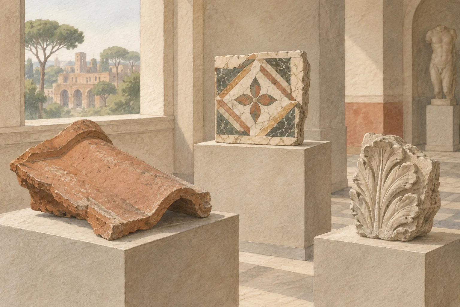 Conceptual editorial illustration of terracotta, patterned marble and carved stone fragments on museum plinths, not an actual Palatine Museum display.