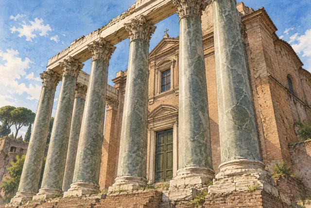 Interpretive watercolor of smooth green-grey columns before a later church facade, inspired by the Temple of Antoninus and Faustina rather than a documentary view.
