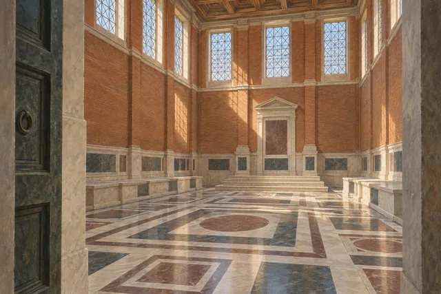 Editorial illustration of a tall brick meeting hall with geometric stone flooring, inspired by the Curia Julia without reconstructing an ancient session.
