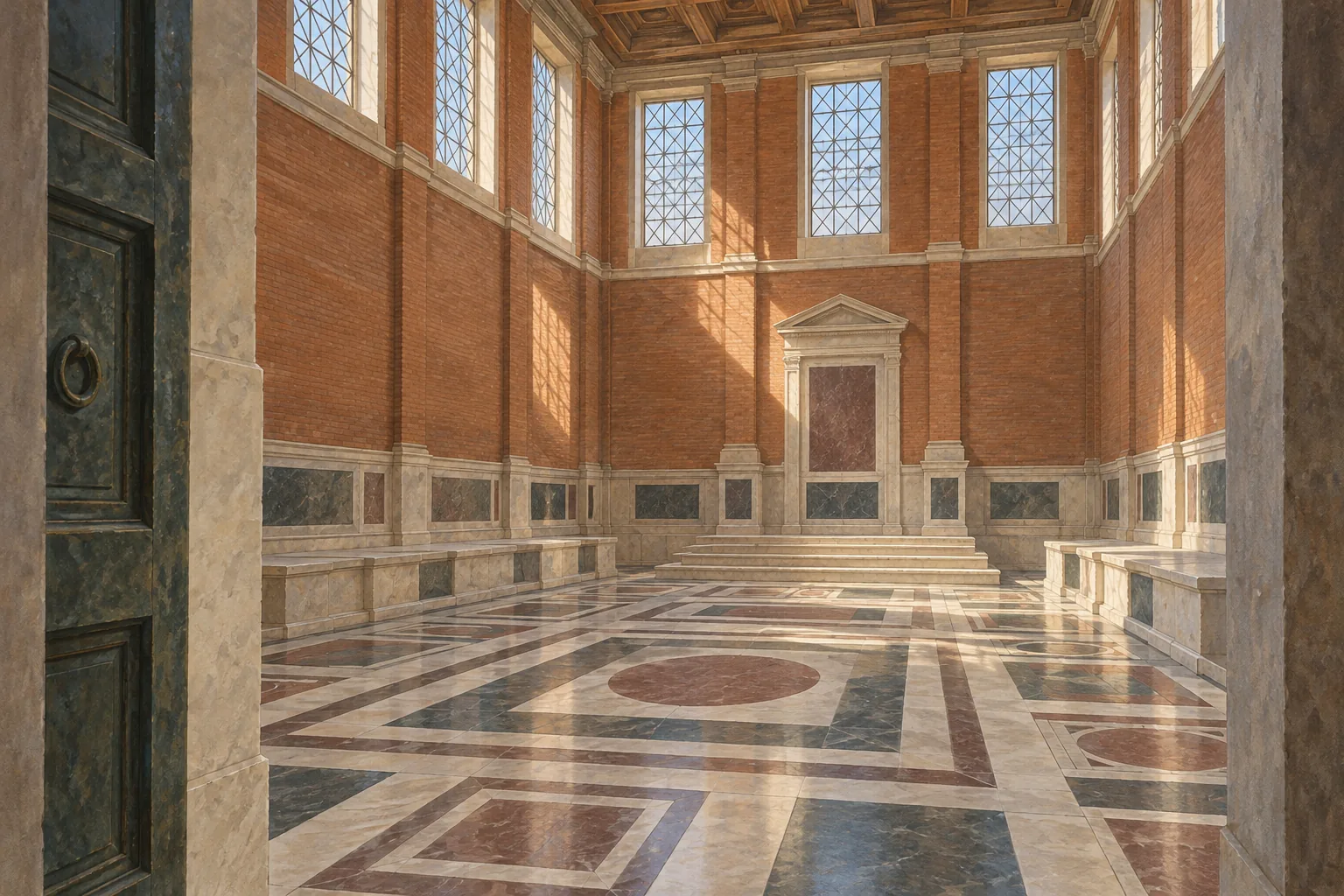 Editorial illustration of a tall brick meeting hall with geometric stone flooring, inspired by the Curia Julia without reconstructing an ancient session.