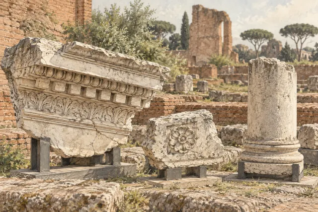 Editorial watercolor of weathered architectural fragments on low supports beside ruins, a conceptual archaeological study rather than a reconstruction of the Basilica Aemilia.
