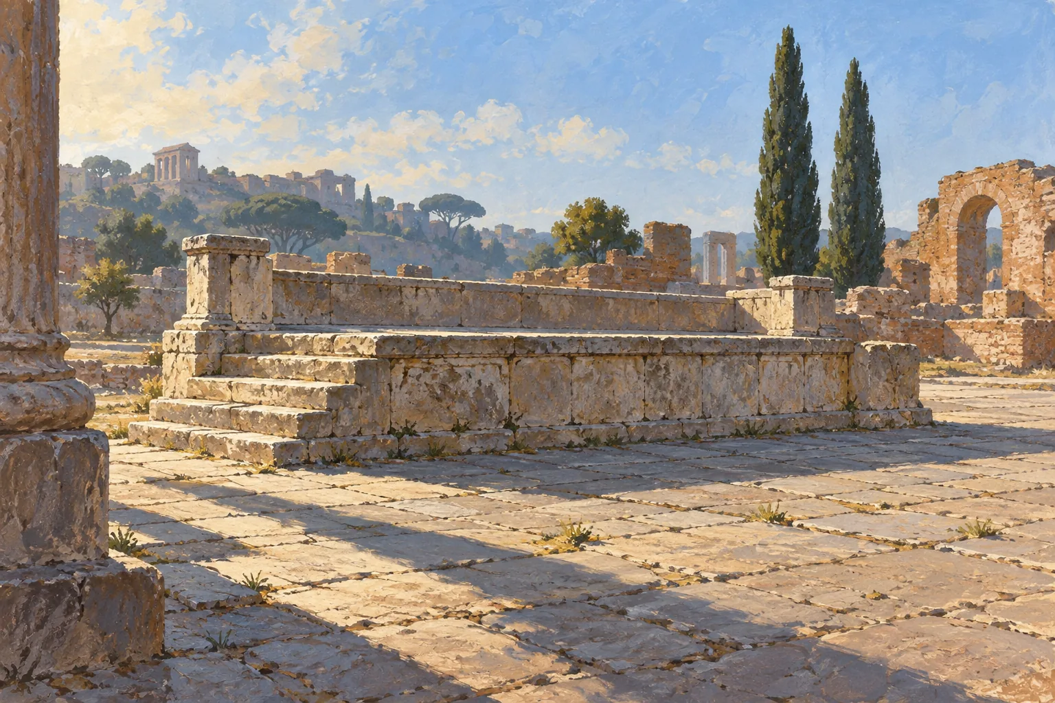 Editorial gouache of an empty stone platform and open paving with distant ruins, a conceptual study of public space rather than an exact reconstruction of the Rostra.