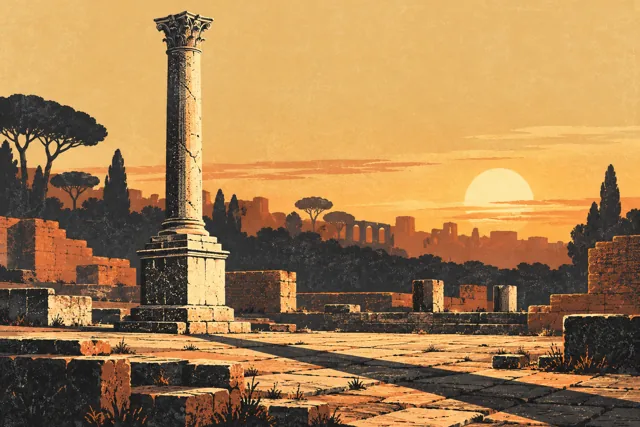 Editorial linocut-style illustration of a solitary honorary column on a stone plinth among low ruins, an imagined Forum landscape rather than an exact reconstruction.