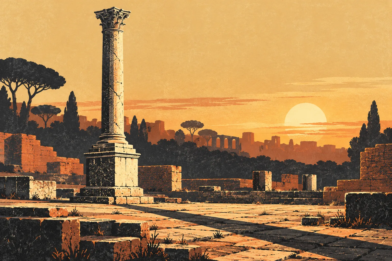 Editorial linocut-style illustration of a solitary honorary column on a stone plinth among low ruins, an imagined Forum landscape rather than an exact reconstruction.