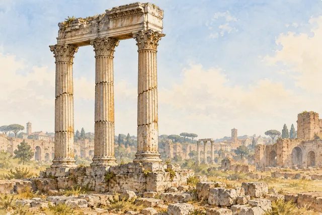 Interpretive watercolor of three weathered Corinthian columns and surviving entablature among ruins, a conceptual architectural study rather than a measured view of the temple.