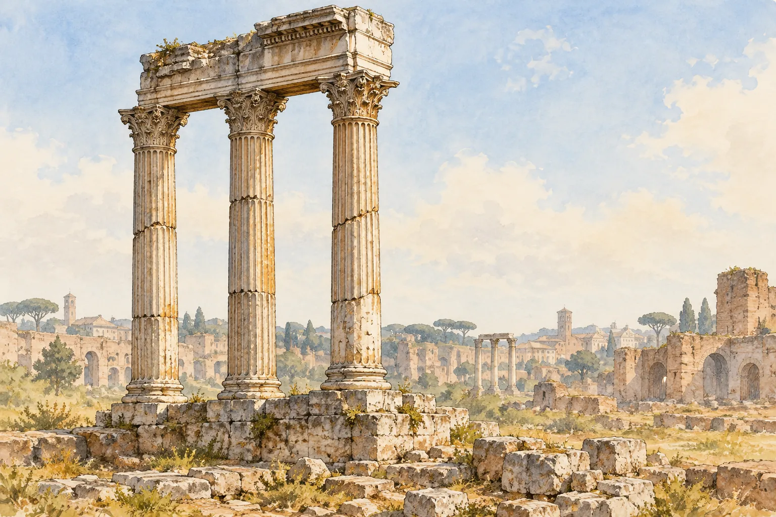 Interpretive watercolor of three weathered Corinthian columns and surviving entablature among ruins, a conceptual architectural study rather than a measured view of the temple.