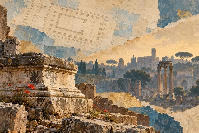 Editorial paper-collage illustration of weathered low masonry, small red flowers and an abstract Forum skyline, a conceptual memory study rather than a temple reconstruction.