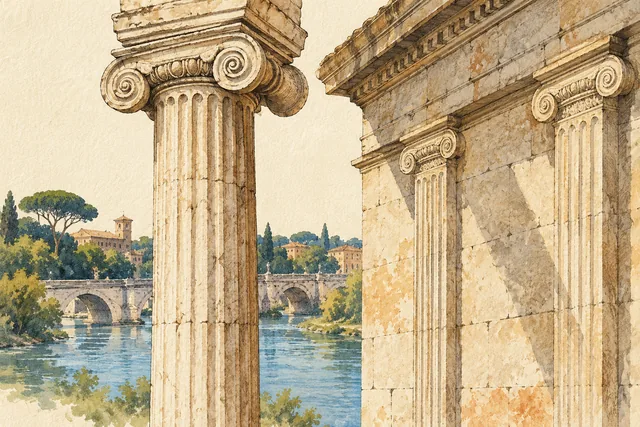 Editorial ink-and-watercolour study of Ionic columns, an engaged column against a wall and an imagined river backdrop, not an exact view of the Temple of Portunus.
