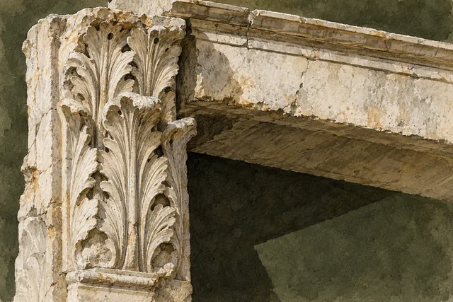Interpretive editorial watercolor of a carved marble pilaster and horizontal lintel shadow, inspired by close looking at Roman stonework.