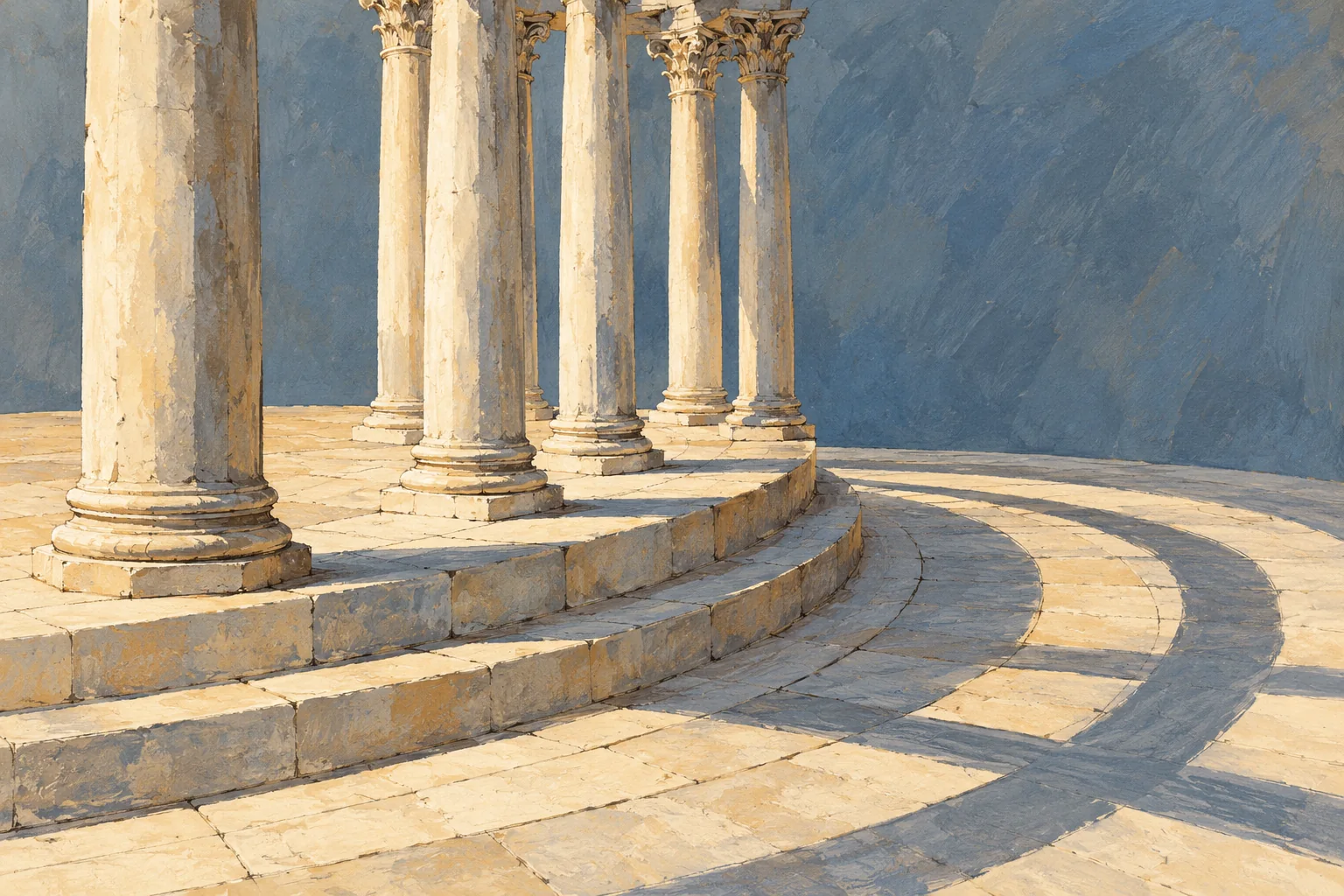 Conceptual editorial architectural sketch of columns following a curved stepped base, with long shadows suggesting a circular Roman colonnade.