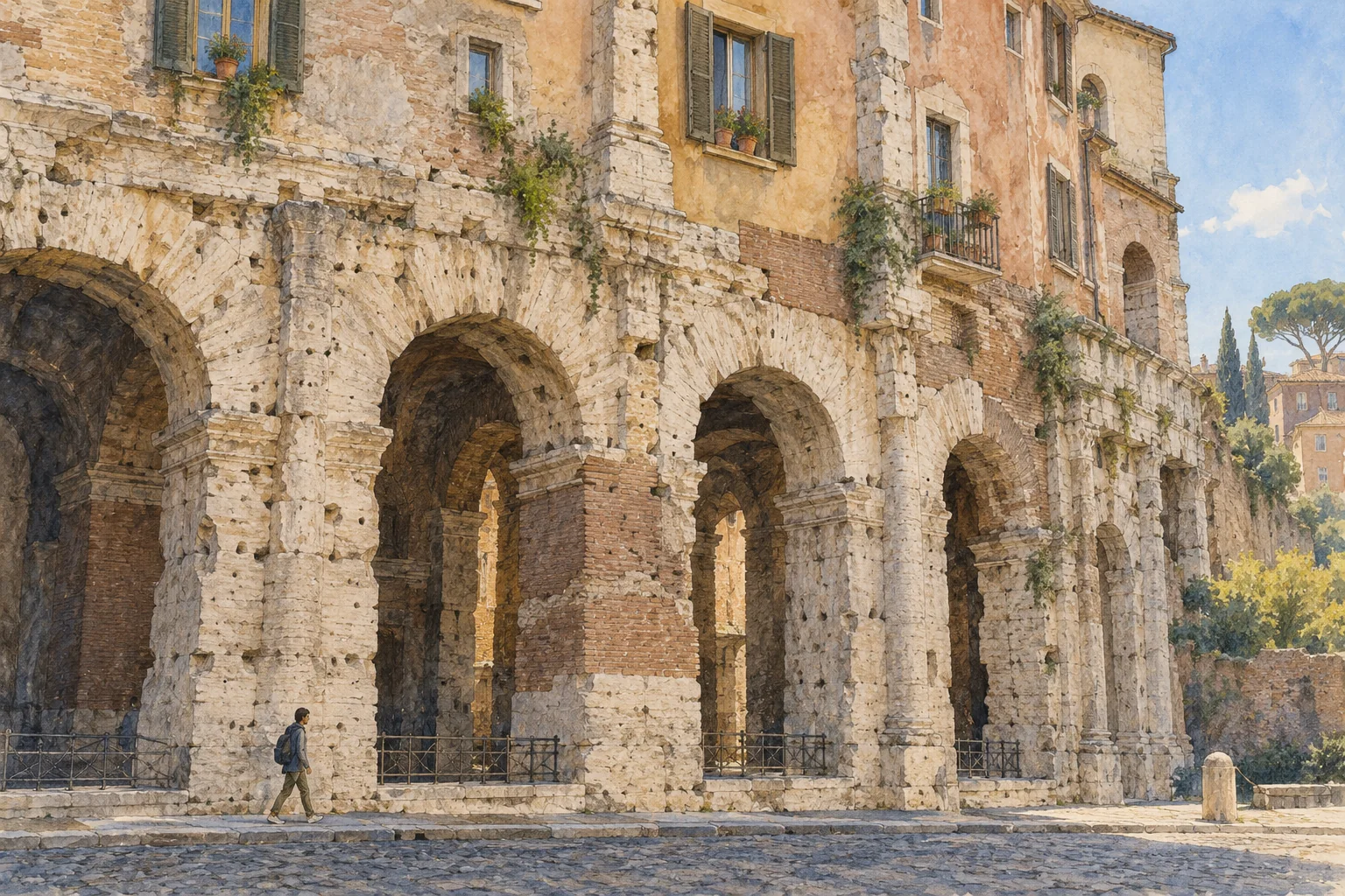 Editorial watercolour of imagined ancient theatre arches beneath later domestic windows, illustrating architectural reuse rather than an exact reconstruction.