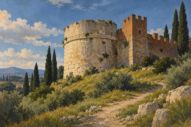 Editorial gouache of an imagined cylindrical stone tomb adjoining medieval battlements, not a reconstruction of the real monument.