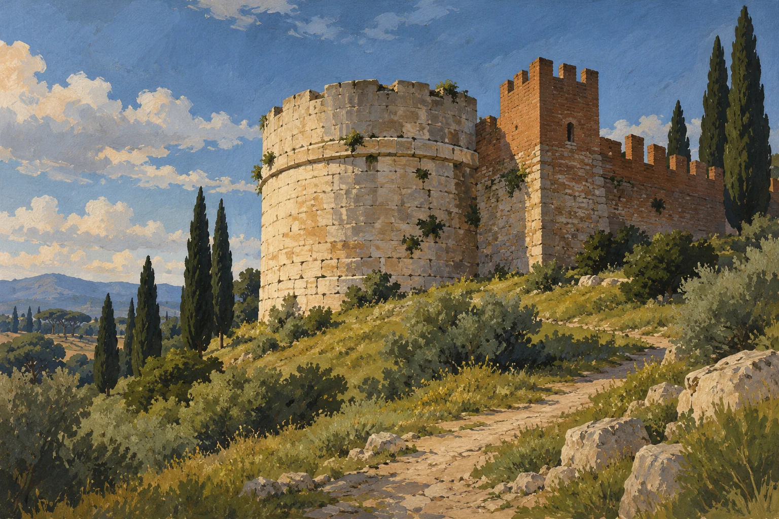 Editorial gouache of an imagined cylindrical stone tomb adjoining medieval battlements, not a reconstruction of the real monument.