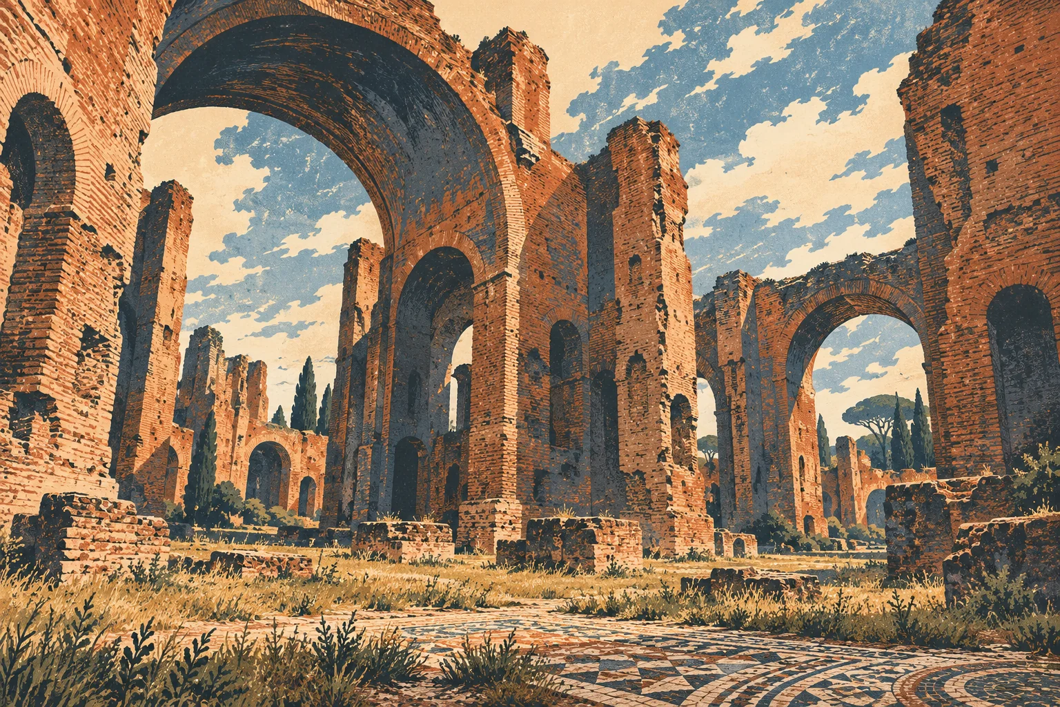 Editorial linocut-style illustration of imagined monumental Roman bath ruins and mosaic fragments, not a factual reconstruction or tour photograph.