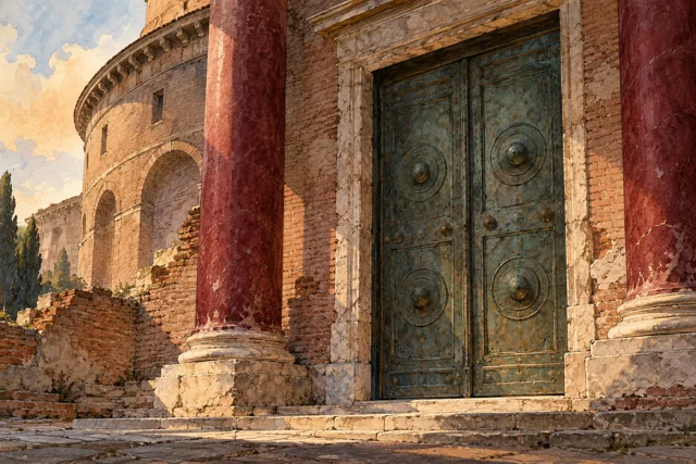 Editorial ink-and-watercolor interpretation of a bronze doorway, red columns and round Roman masonry, not a measured view or historical reconstruction.