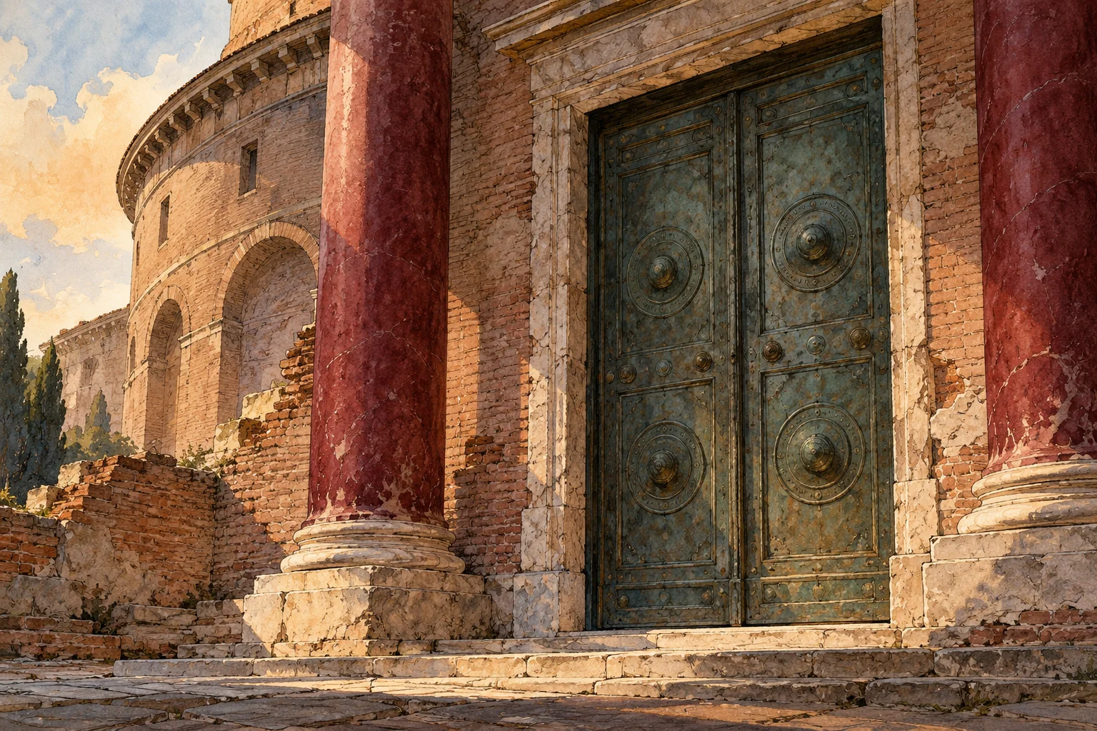 Editorial ink-and-watercolor interpretation of a bronze doorway, red columns and round Roman masonry, not a measured view or historical reconstruction.