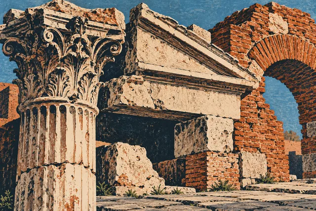 Linocut editorial illustration of invented Roman stone fragments and a later brick arch; not a measured view or reconstruction of the Portico of Octavia.