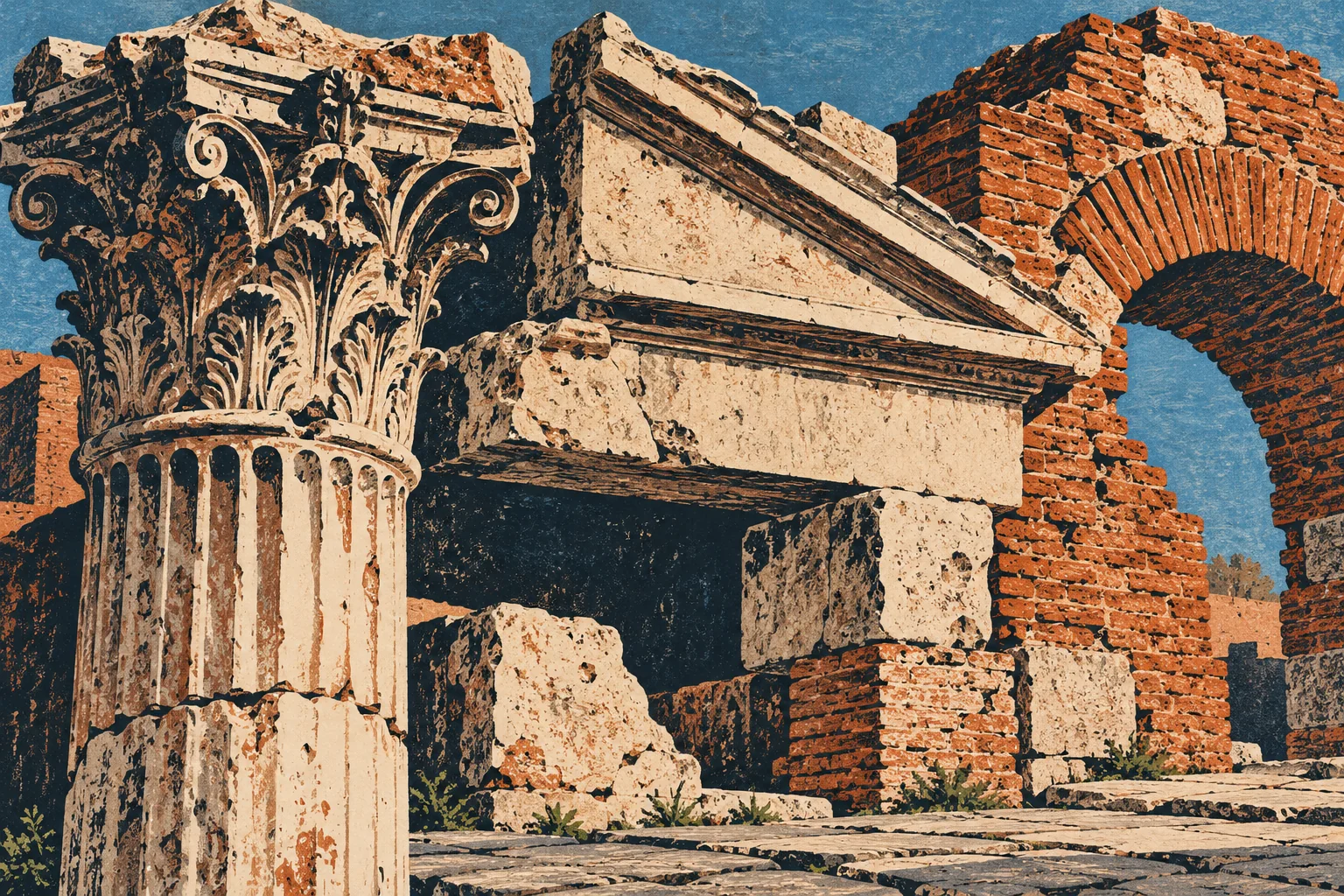 Linocut editorial illustration of invented Roman stone fragments and a later brick arch; not a measured view or reconstruction of the Portico of Octavia.