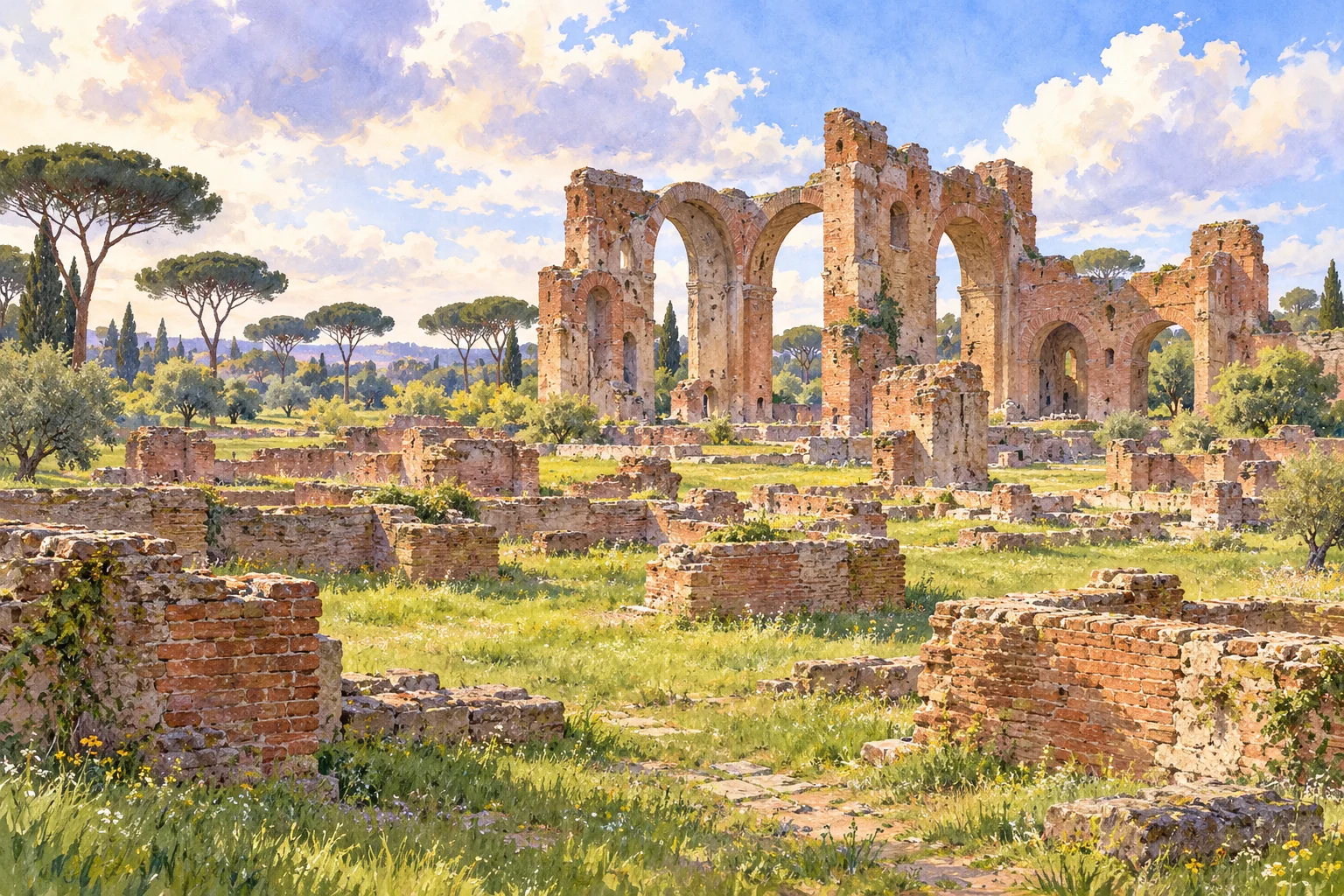 Watercolour editorial illustration of an invented open-air Roman villa landscape with brick ruins and umbrella pines; not a current-site photograph or reconstruction.