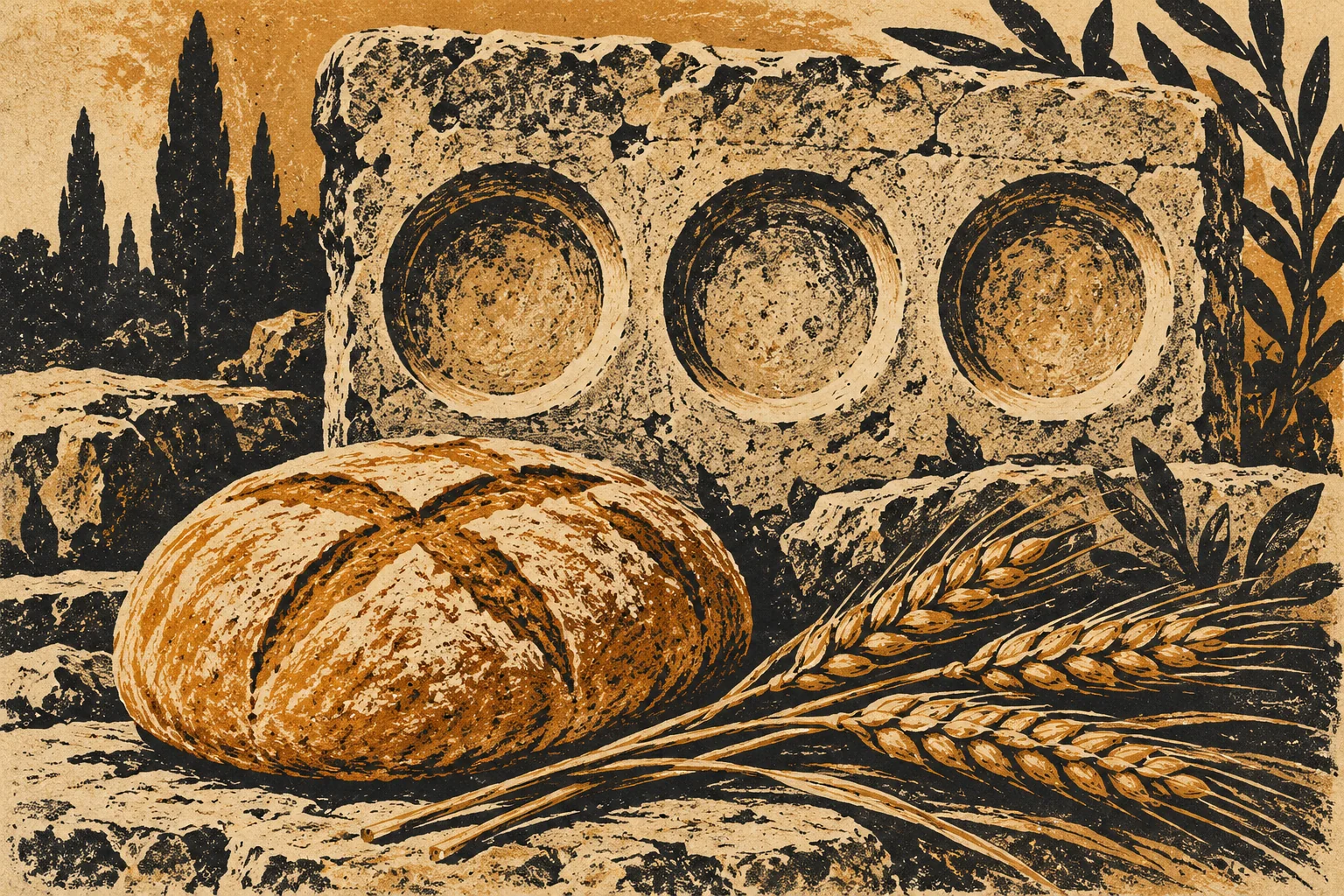 Linocut editorial illustration of a fictional stone slab with circular recesses beside a loaf and wheat; a symbolic composition, not the actual tomb or an archaeological reconstruction.