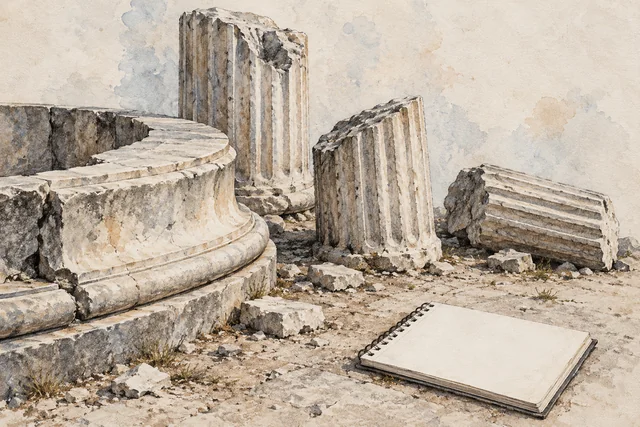 Charcoal and watercolor editorial illustration of an invented curved marble base, broken fluted columns and blank notebook; not a measured Temple of Vesta reconstruction.