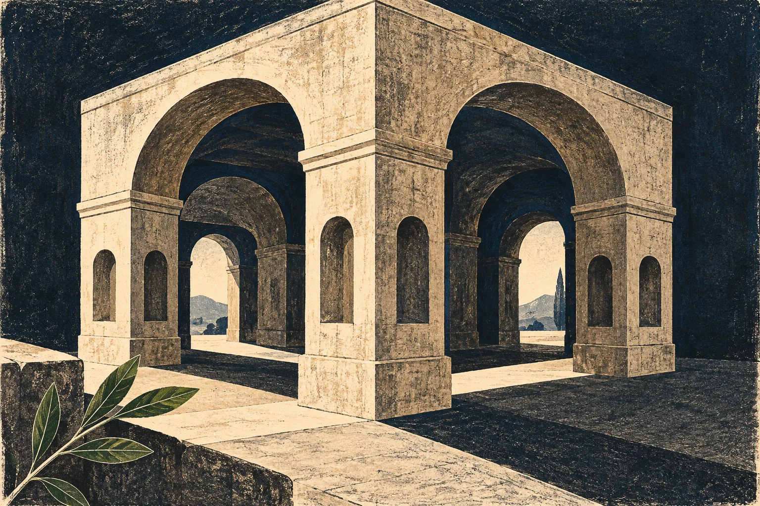 Linocut-style editorial interpretation of an invented four-sided stone arch with dark niches; not a measured view of the Arch of Janus or a historical reconstruction.