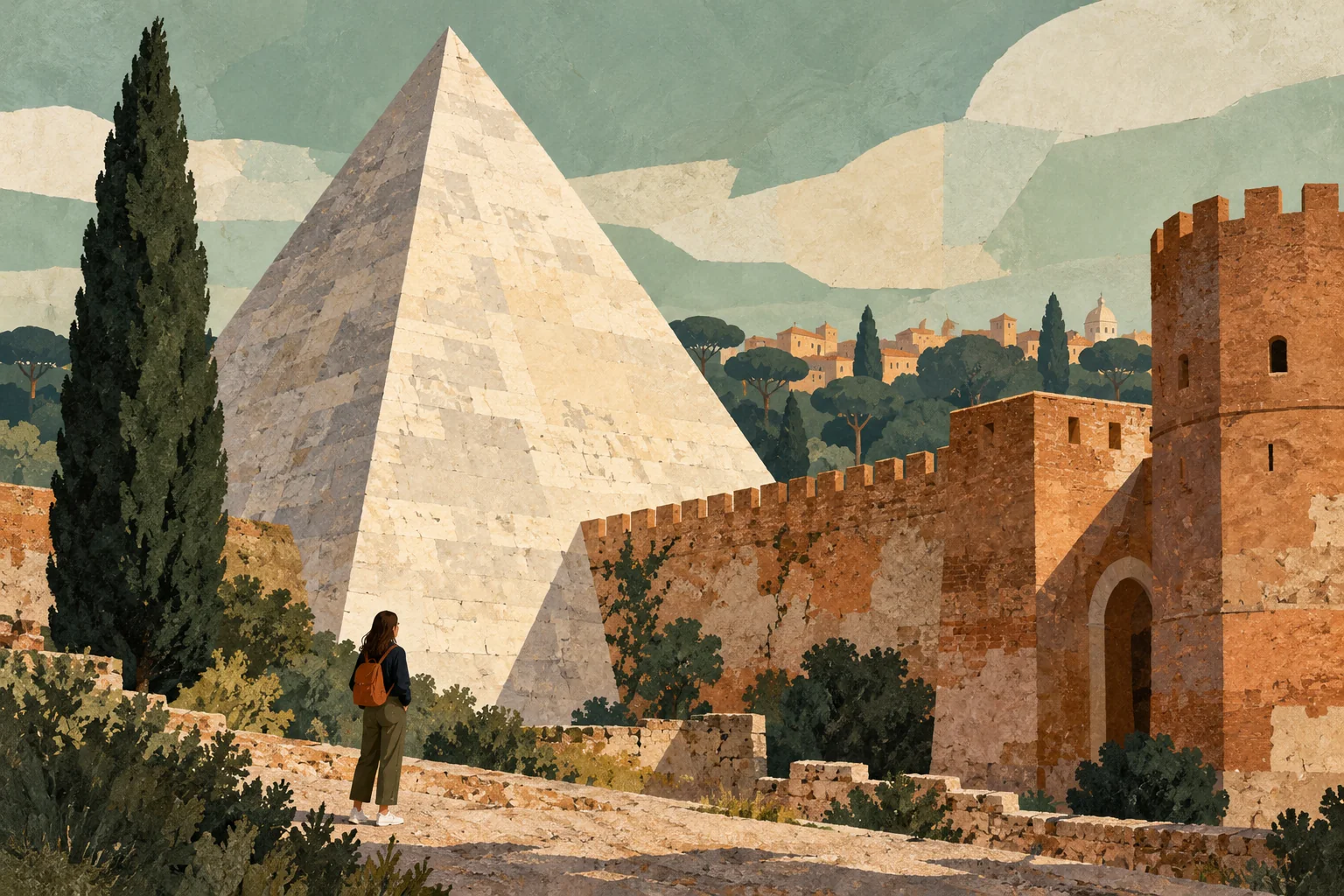 Cut-paper editorial illustration of an imagined pale pyramid beside brick walls and a cypress; a conceptual setting, not a measured view or historical reconstruction.