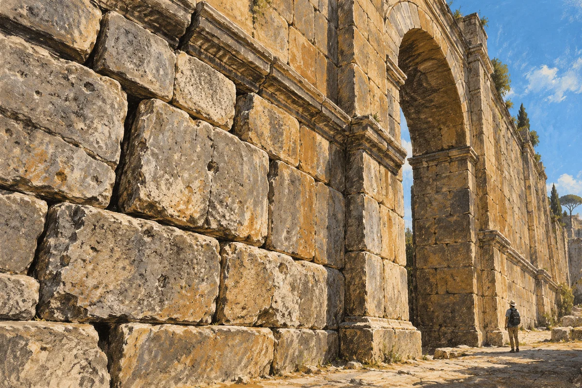 Gouache editorial illustration of an invented monumental masonry wall and arch with a visitor for scale; not a factual reconstruction of the Forum of Augustus.