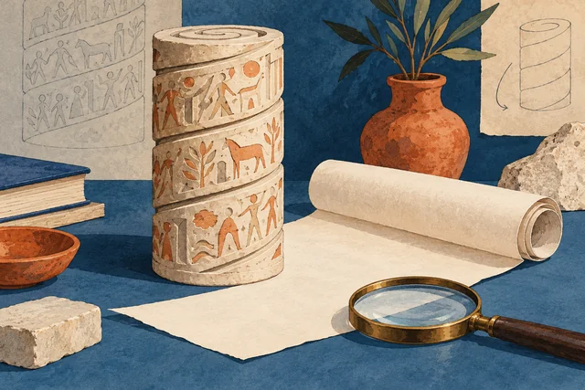 Editorial illustration of an invented spiral-relief cylinder, blank paper scroll and magnifying glass; a visual metaphor, not an ancient artefact or reproduction of Trajan’s Column.