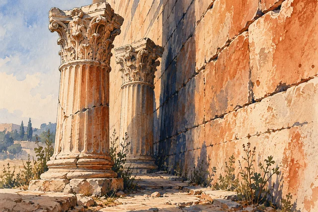 Watercolour editorial illustration of two ancient-inspired columns close to a stone wall; an imagined architectural study, not a reconstruction of the Forum of Nerva.