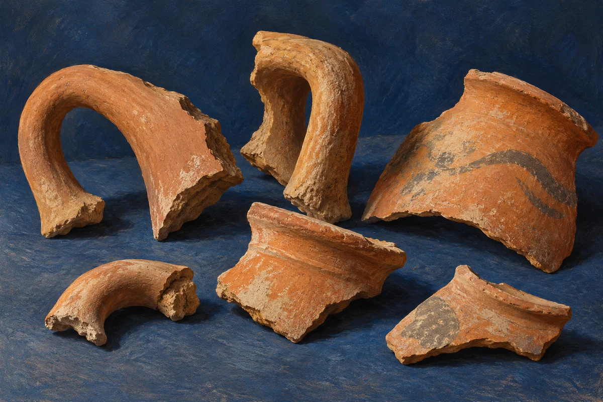 Gouache editorial illustration of invented amphora handles and terracotta sherds on a blue study surface; not actual excavated objects.