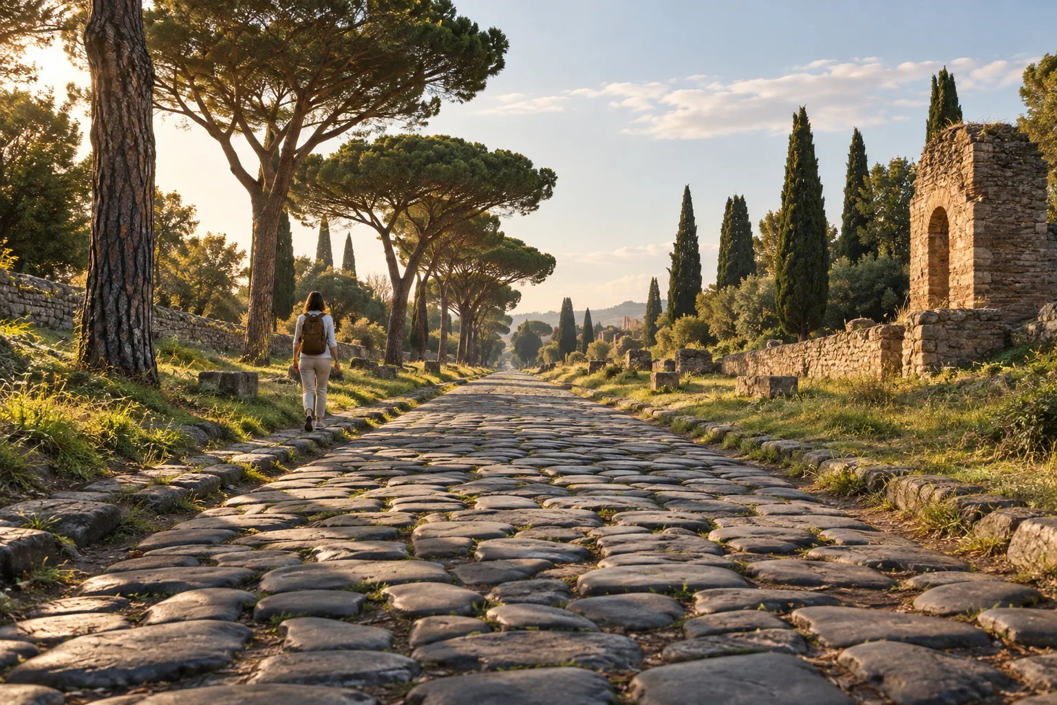 Broad basalt paving and umbrella pines along the ancient Appian Way; AI-generated editorial illustration.