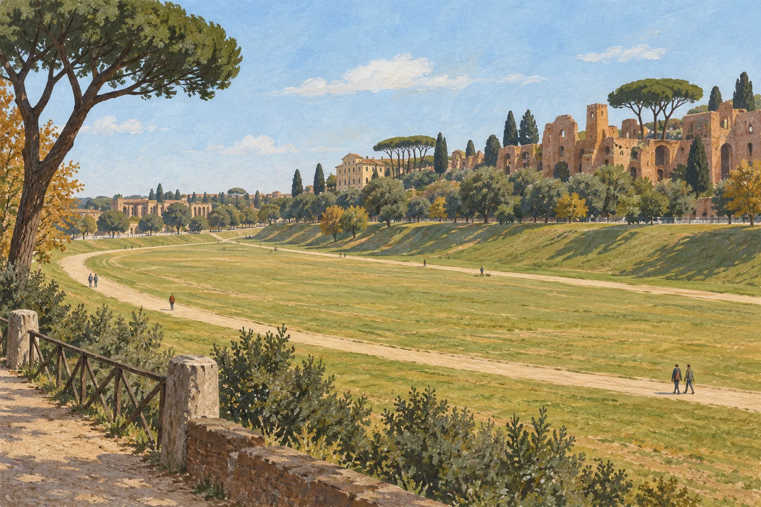Editorial illustration of the open Circus Maximus valley, with Palatine ruins and umbrella pines beyond.