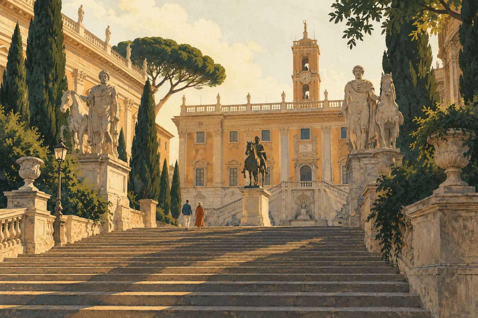 Painterly interpretation of broad Capitoline steps, equestrian sculpture and warm stone civic buildings