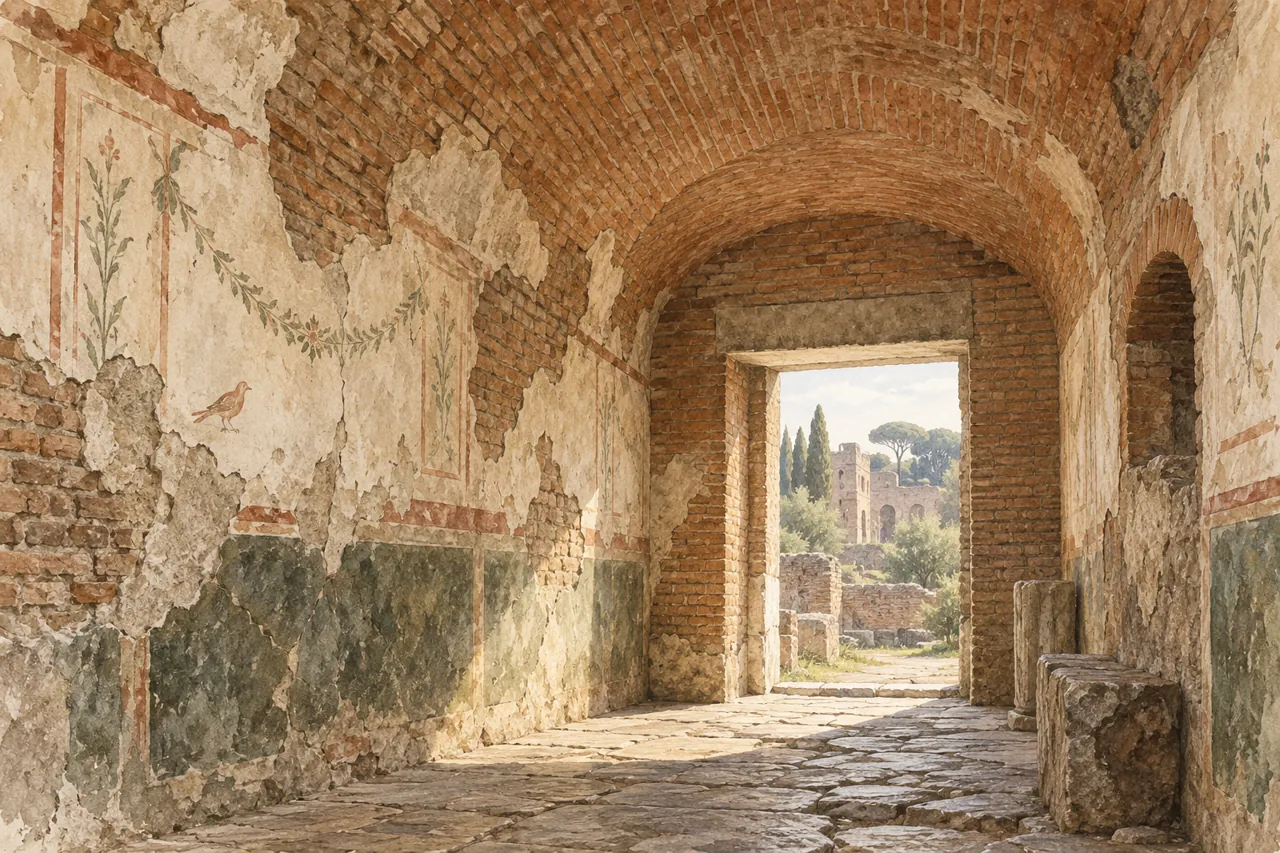 Illustration of a vaulted Roman brick corridor with faded wall decoration, inspired by the Colosseum’s Passage of Commodus.