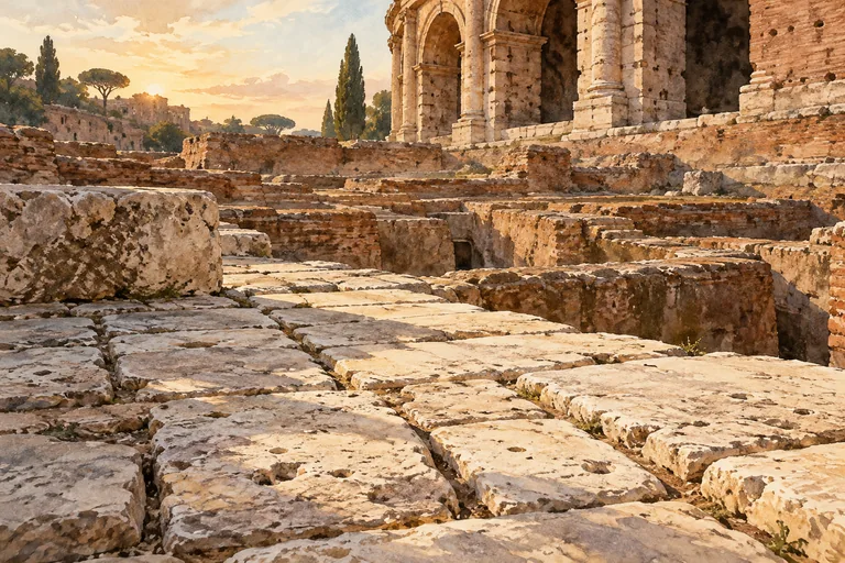 Editorial illustration of pale travertine blocks and foundation impressions beneath a cropped ancient Roman arch