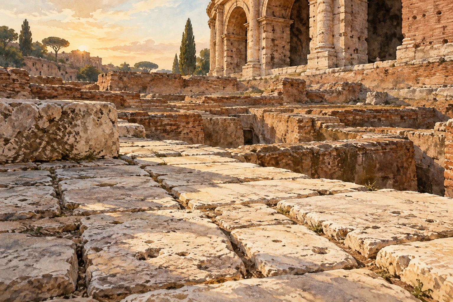 Editorial illustration of pale travertine blocks and foundation impressions beneath a cropped ancient Roman arch