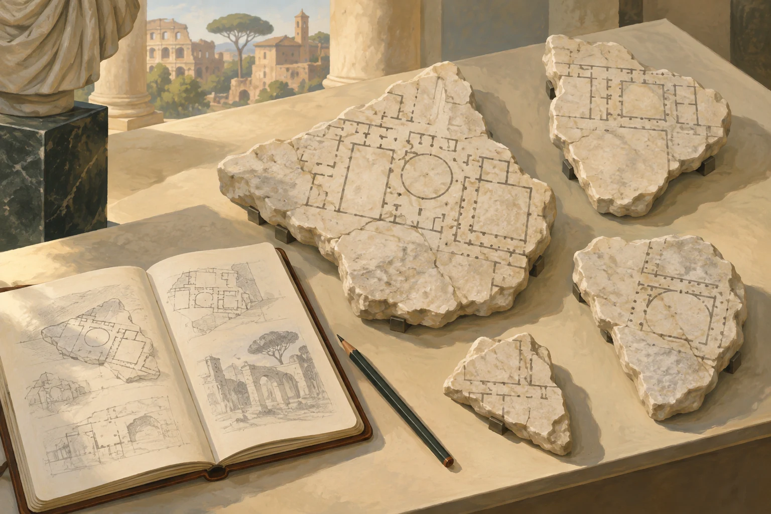 Editorial still life of broken marble map fragments, an open sketchbook and a pencil on a pale museum display surface