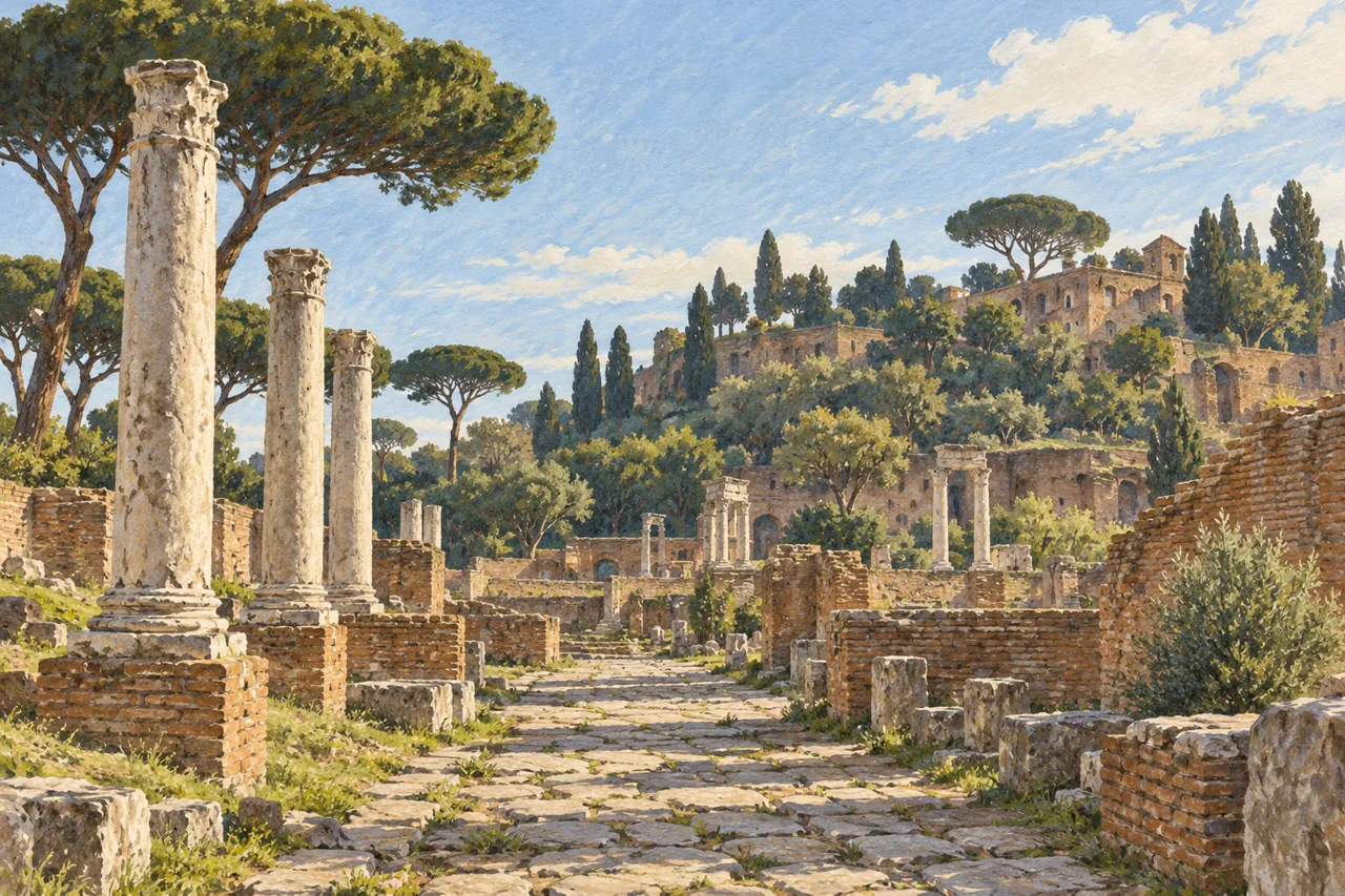 Illustration of a stone path among Roman Forum columns, low brick ruins and umbrella pines below a green hill.
