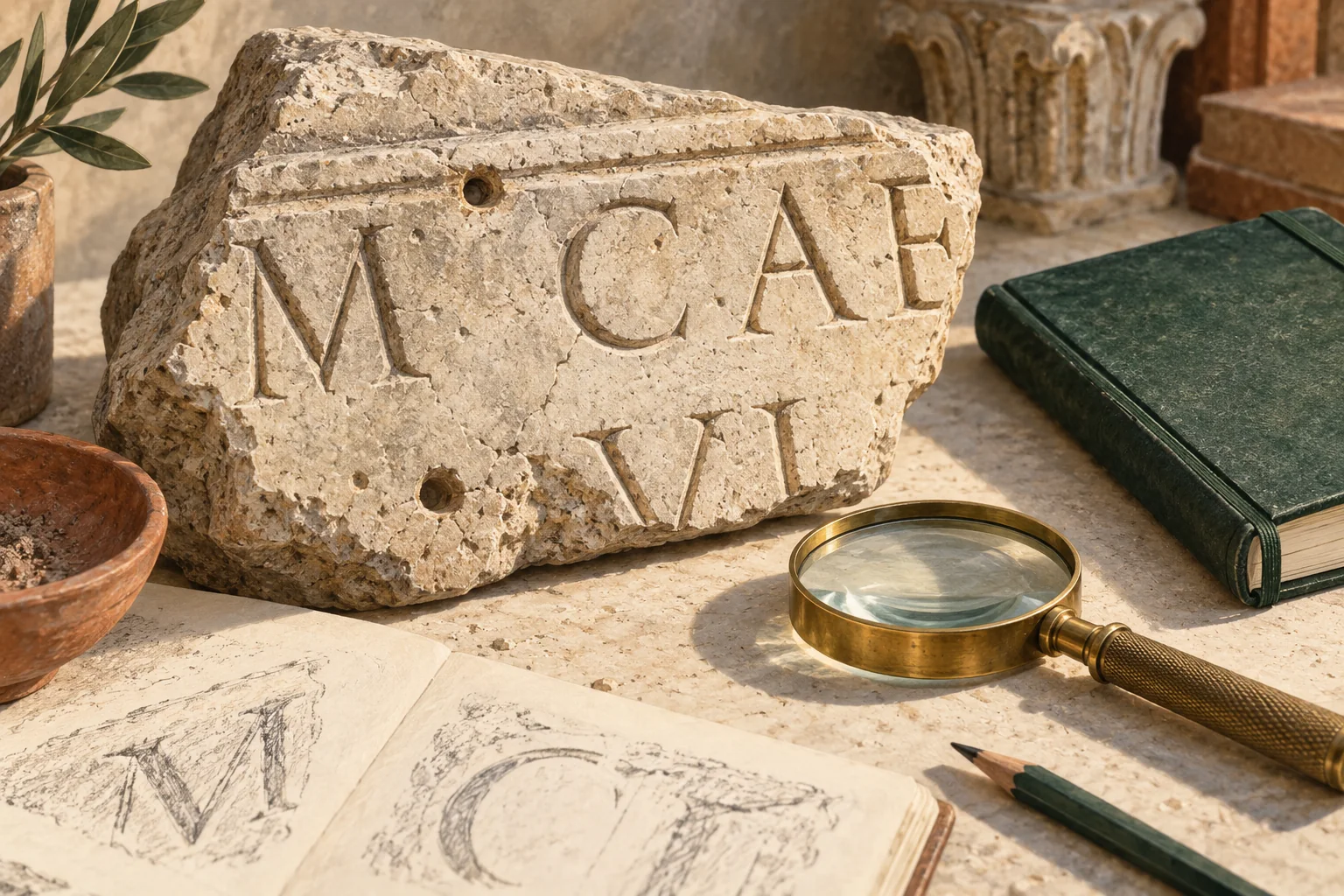 Editorial still life of a carved Roman-style inscription fragment, green notebook and brass magnifier