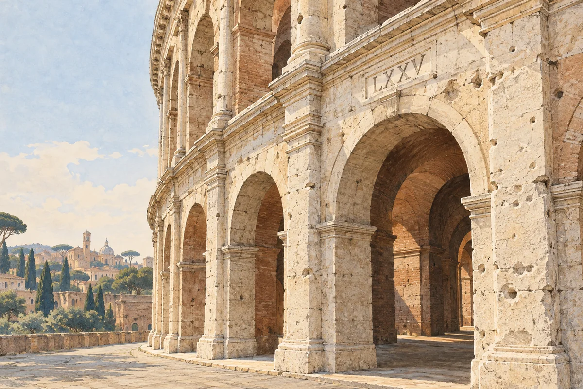 Editorial illustration of numbered travertine arches and shadowed entrance passages at the Colosseum.