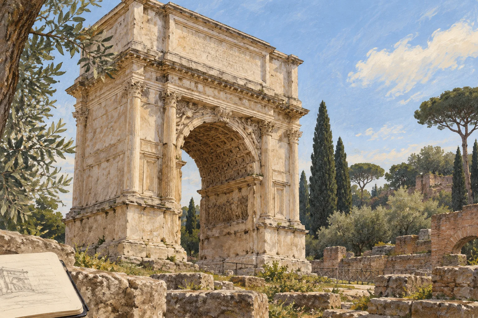Painterly interpretation of the Arch of Titus with its single archway, weathered stone and a sketchbook in the foreground.