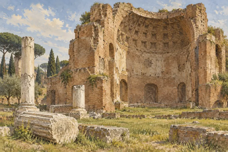 Editorial illustration of a weathered brick apse, broken pale columns and grass, inspired by the surviving Temple of Venus and Rome.