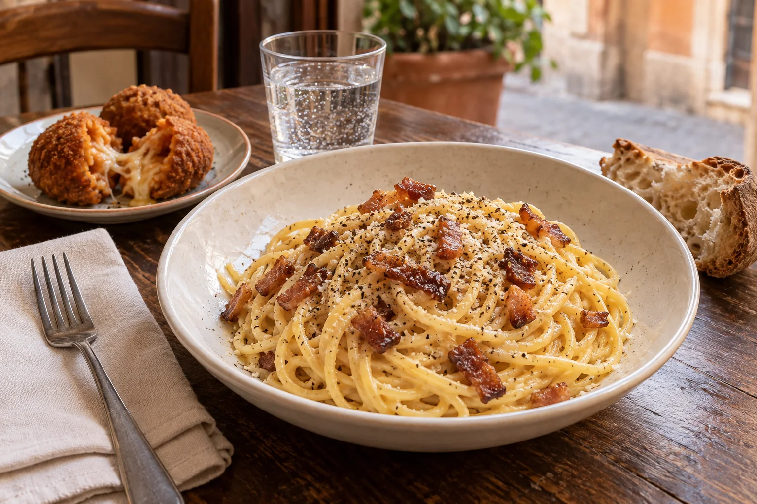 Carbonara, golden supplì and bread on a wooden trattoria table; AI-generated editorial illustration.