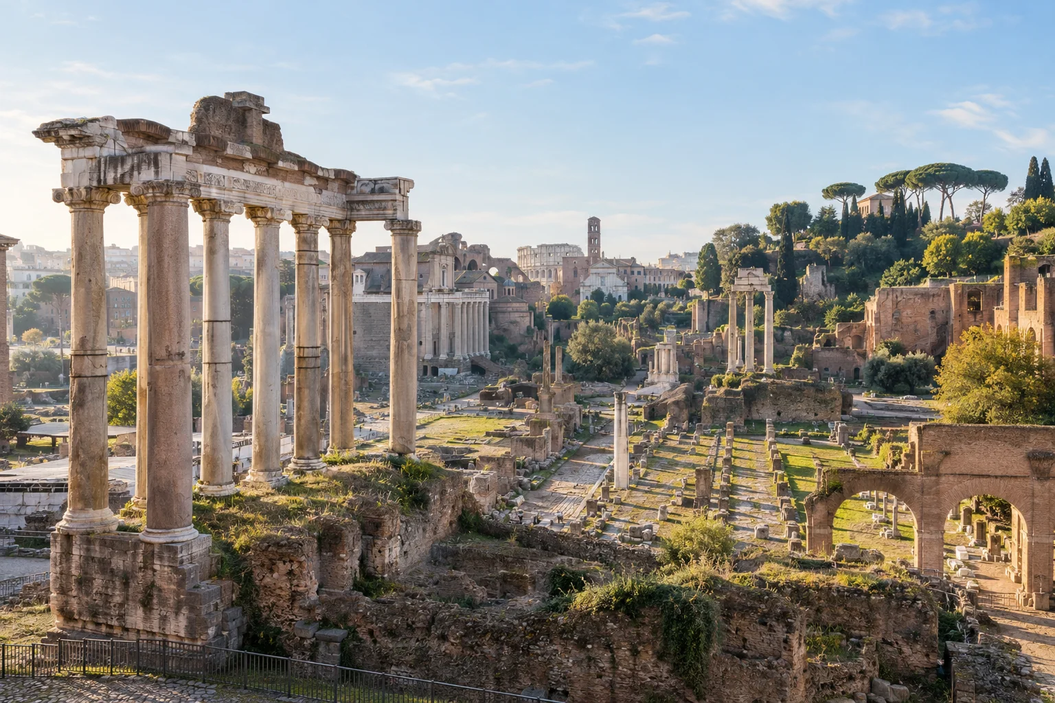Editorial impression of the Roman Forum, cypress trees and ancient columns