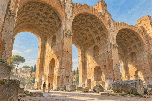Interpretive architectural illustration of enormous coffered vaults inspired by Rome’s Basilica of Maxentius, with small visitors for scale.