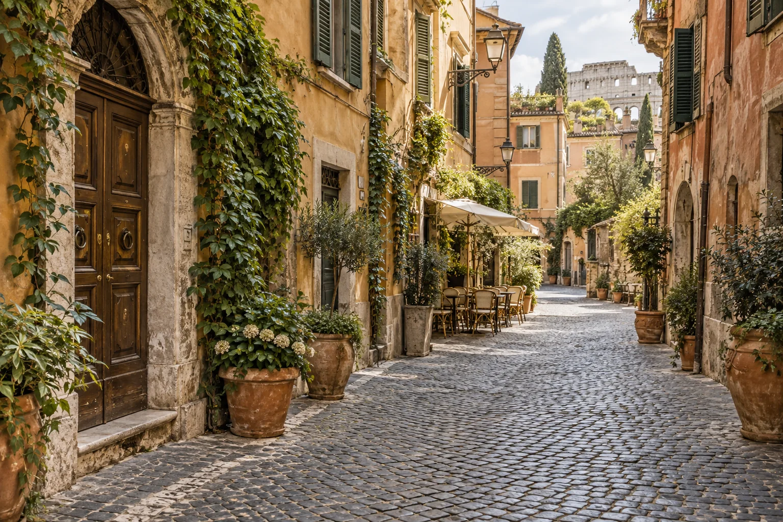 An ivy-lined cobbled lane with ochre walls and café seating, inspired by Monti; AI-generated editorial illustration.