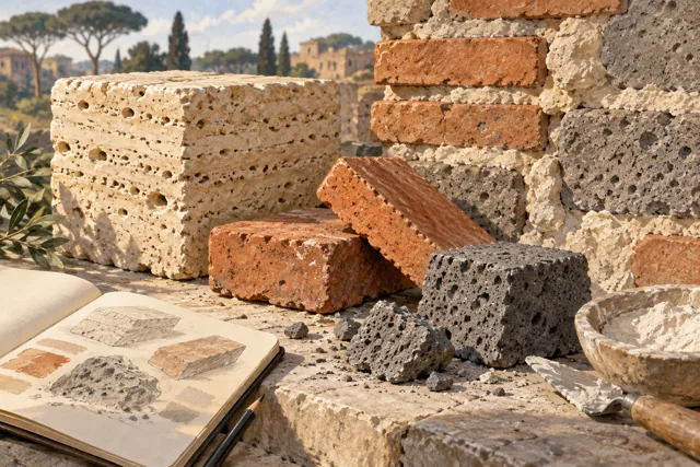 Editorial still life of pale travertine, red bricks, grey stone and mortar beside an unlettered sketchbook.