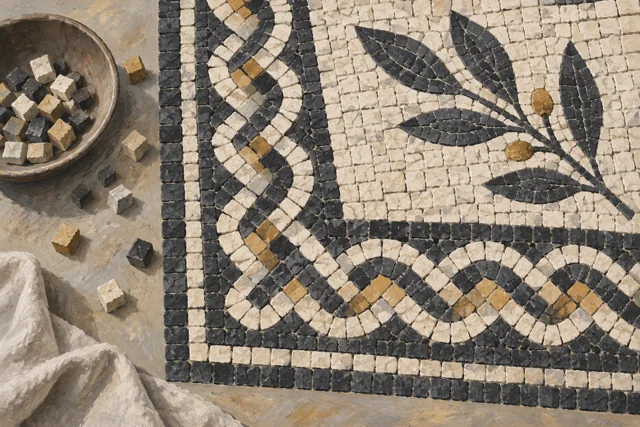 Editorial close-up of an invented black-and-ivory geometric mosaic with a leaf motif and loose stone tesserae.